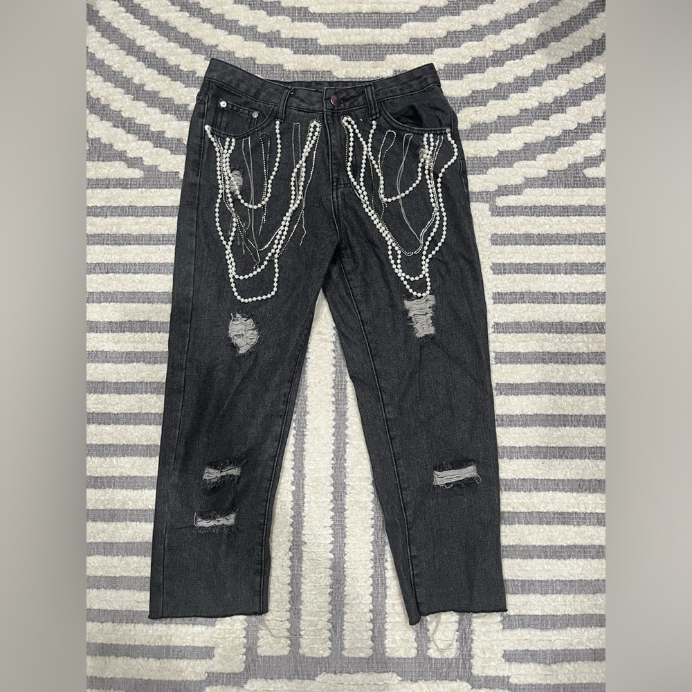 The moon black distressed denim rhinestone pearl‎ jeans